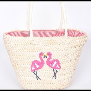 Straw Tote Bag with Embroidered Flamingos.